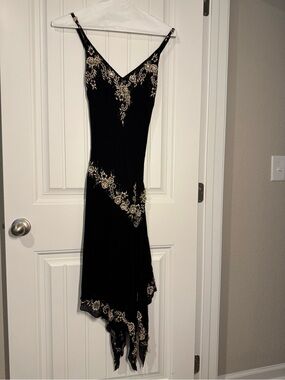 Cache Black 100% Silk Asymmetrical Slip Dress with Gold Floral Embroidery